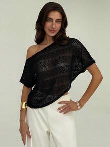 Aloruh Women's Solid Color Asymmetric Neck Casual Short Sleeve Blouse,Summer Top - Black - View 8