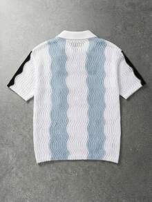 Manfinity Homme Áo polo nam tay ngắn cổ bẻ, họa tiết sọc lượn sóng phối màu tương phản, thích hợp cho mùa xuân/hè. - Xanh và trắng - Xem 3