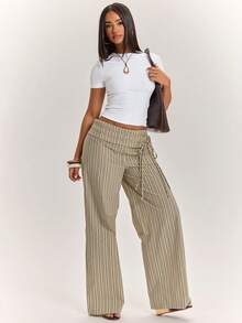 SHEIN BAE Quần ống rộng dáng suông kẻ sọc kaki dành cho nữ, thích hợp cho việc đi làm và mặc hàng ngày, dáng rộng, thiết kế cạp cao, quần dài kẻ sọc, ống loe, rộng rãi và thoải mái, thích hợp cho các dịp công sở. - Màu Khaki - Xem 5