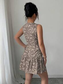 Elenzga Bohemian Style Elegant Floral Print Sleeveless Belted Mini Dress, Suitable For Graduation Season, Festivals And Summer Wear, Spring/Summer - Multicolor - View 2