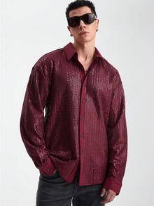 Zorclune 男士纯色亮片装饰单排扣长袖衬衫，适合拉斯维加斯之夜穿着；男士水钻衬衫；男士闪亮衬衫；红色亮片衬衫；男士亮片衬衫 - 酒紅色 - 查看 3