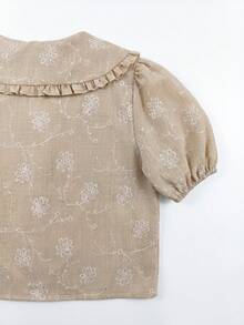 lacRébo 米色碎花衬衫，荷叶边彼得潘领，短泡泡袖，亚麻色调，宽松领口，复古风，春夏度假风，学院风，法式风情。 - 杏色 - 查看 10