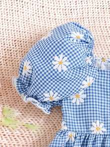 LMoss Kids 女嬰編織格紋與碎花方領泡泡袖休閒洋裝 - 藍色 - 查看 3