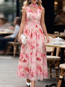 Selianne Women's Summer Elegant Floral Print V-Neck Sleeveless Waist Cinched Chiffon Maxi Dress Weddings Vacation Workplace Romantic Occasions Blush Pink - Apricot - View 3