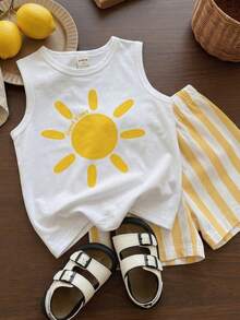 SHEIN Playful Pals 男婴休闲套装两件套，笑脸logo印花背心搭配条纹logo印花短裤，适合夏季外出穿着。 - 彩色 - 查看 6