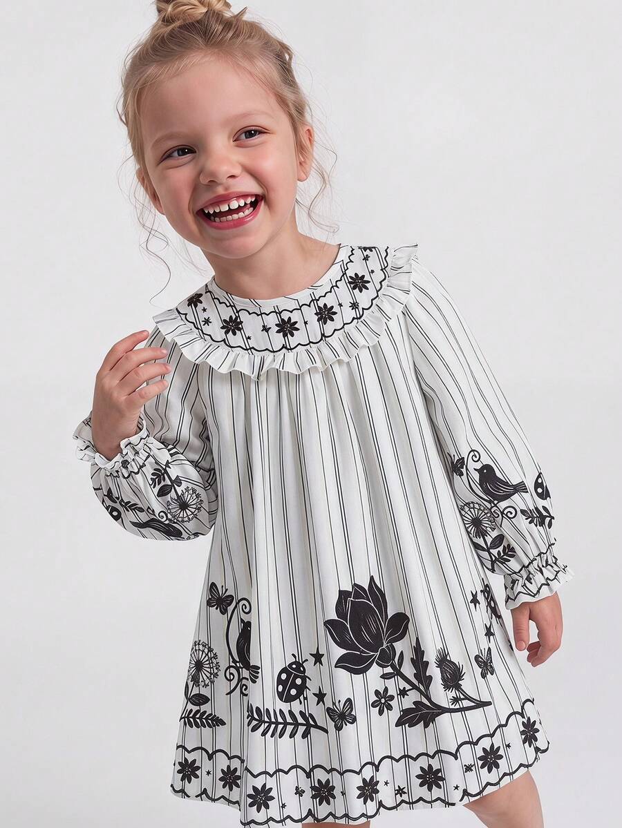 Maija Kids Maija Kids 1件女童优雅休闲度假精致舒适百搭条纹花卉图案宽松荷叶边下摆连衣裙,适合日常穿着、返校、郊游、聚会、节日、春季、夏季 - 黑與白 - 查看 1