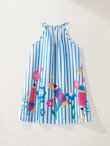 Maija Kids Maija Kids 一件儿童/少女优雅学院风休闲宽松蓝白条纹连衣裙，饰有彩色花朵和铅笔印花，适合日常穿着、聚会、返校、休闲活动以及春夏季节。 - 藍白色 - 查看 3