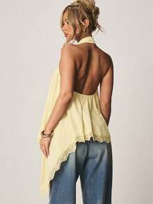 MISSGUIDED Halter Neck Asymmetric Lace Trim Top With Open Back Design For Summer Spring - Yellow - View 3