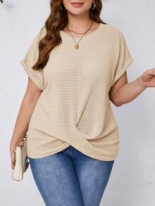 SHEIN Clasi 大码女式纯色圆领休闲百搭日常T恤 - 杏色 - 查看 1