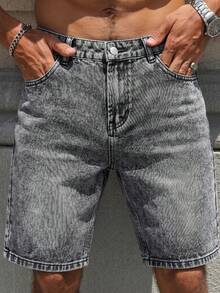 EGENSIO Quần short denim màu xám đậm in họa tiết da báo và râu ngựa dành cho nam, phong cách đường phố thường ngày. - Màu xám đen - Xem 7