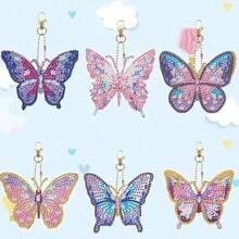 6 llaveros con pintura de diamantes con diseño de mariposa, manualidad de decoración DIY, set de pintura de diamantes, set de manualidades de pintura de mosaico apto para principiantes y regalos creativos - Ver 2