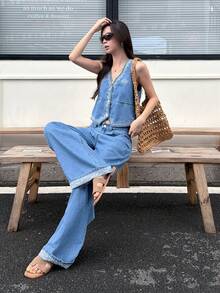 DAZY Setelan 2 Potong Wanita Gaya Liburan Musim Panas, Atasan Lucu, Motif Kontras Warna Bordir Denim Korea, Rompi dan Celana Longgar - Biru - View 9