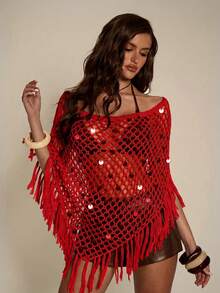 SHEIN BAE Khăn choàng sequin tua rua đa năng, khoét rỗng gợi cảm, giúp thon gọn vóc dáng, thích hợp cho kỳ nghỉ biển. - Đỏ - Xem 4