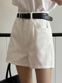 DAZY Women's Casual Everyday Commute Simple Solid Color Loose Denim Shorts, Belt Not Included Summer Petite - White - View 6