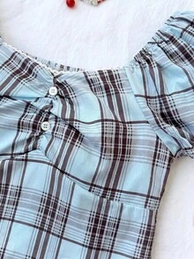 Áo sơ mi kẻ caro dáng đơn giản, thoải mái, có dây đeo sau lưng dành cho bé gái tuổi teen. - Màu xanh lam - Xem 7