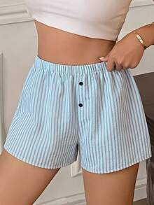 Livesso Quần short nữ cạp chun, thiết kế cài nút, thích hợp mặc ở nhà. - Màu xanh lam - Xem 5