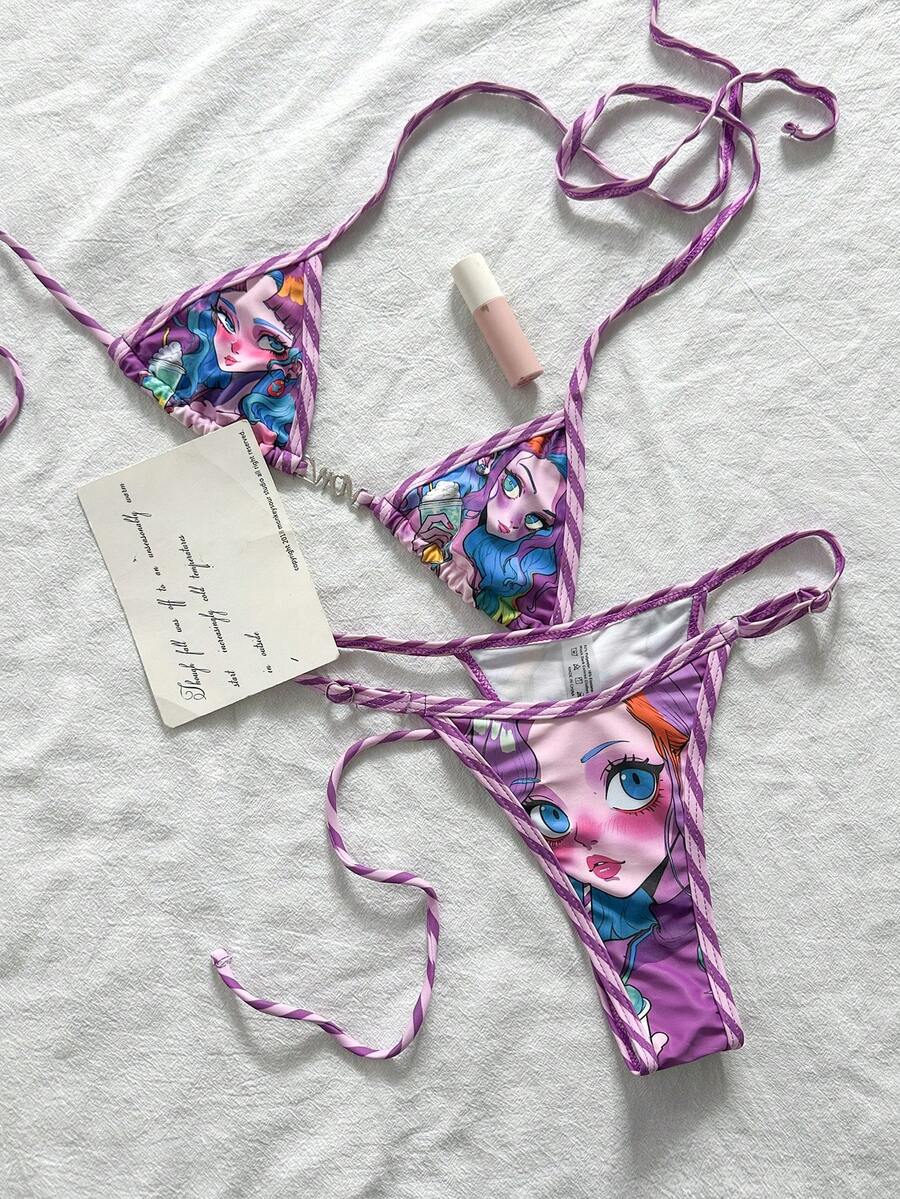 Swim Vcay 女士夏季沙滩印花露背系带性感比基尼泳装套装 - 彩色 - 查看 1