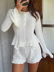 Livesso Bộ đồ ngủ nữ thiết kế cài nút, tay dài và quần short - trắng - Xem 7