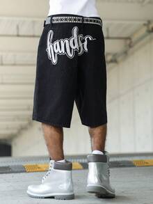Manfinity Roghcode American Street Style Streetwear Letter Embroidery Washed Black Loose Denim Shorts Holiday Summer - Black - View 7