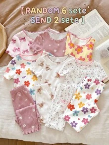 2 Random Sets Baby Girls Summer Outfits,Cute White Floral,Heart,Bow Print Pajama Sets,Holiday Ruffle Trim Nature-Inspired Kawaii Korean Style Clothes - Multicolor - View 3