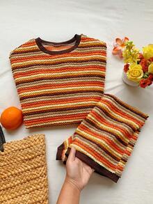 Comfortcana 2pcs Women Orange Red Contrast Color Round Neck Short Sleeve Top And Casual 2000s Shorts Set Vacation Summer - Brown - View 5
