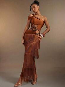 Hauture Women's Sexy One-Shoulder Asymmetrical Neck Fringe Tassel Layered Maxi Dress Bamboo Ring Decor - Rust Brown - View 1