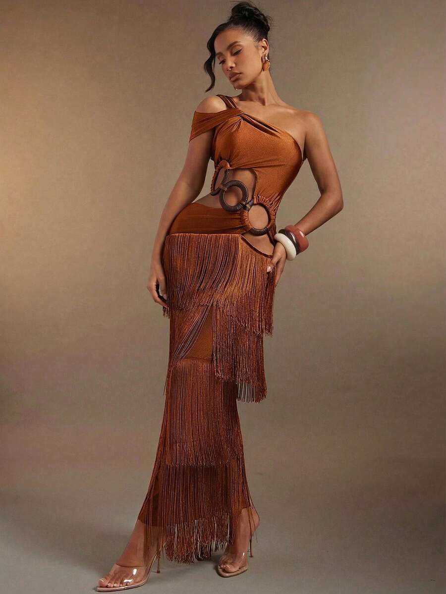 Hauture Women's Sexy One-Shoulder Asymmetrical Neck Fringe Tassel Layered Maxi Dress Bamboo Ring Decor - Rust Brown - View 1