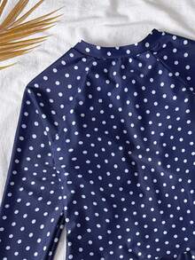 SHEIN 少女波点长袖连体泳衣，适合海滩度假、泳池派对、沙滩派对 - 藏蓝色 - 查看 4