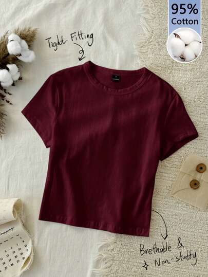 Tseoso 1pc Solid Form Fitted Tee, 95% Cotton, Deep Burgundy, Suitable For Summer,Summer Top