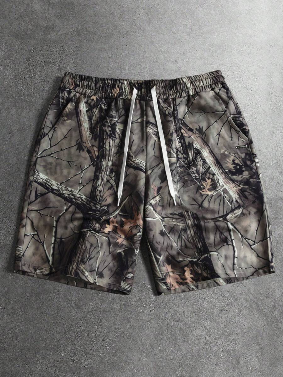 STYNVO Quần short nam dáng casual, in họa tiết cành cây, cạp chun, có dây rút. - Đồng - Xem 1
