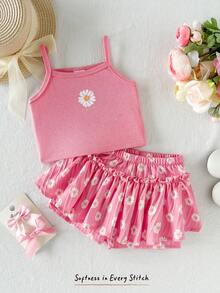 SHEIN LMoss Kids 女宝宝夏季柔软可爱雏菊印花宽松套装，适合度假、日常休闲穿着、拍照、露营、购物、旅行等多种场合。 - 粉色 - 查看 6