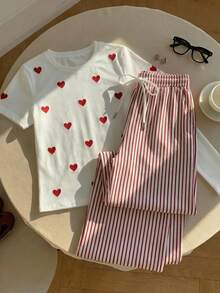 SHEIN EZwear 两件套：刺绣圆领短袖上衣和条纹印花长裤，休闲款 - 彩色 - 查看 6