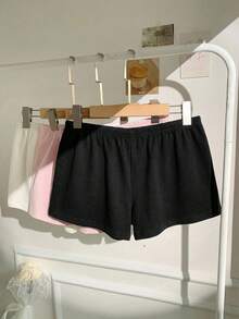 SHEIN EZwear 女士针织休闲短裤三件套，黑色、白色、粉色，夏季棉质短裤，男女通用短裤，三件套女士短裤，夏季女士平角内裤，女士休闲短裤套装，女士短裤，夏季舒适短裤 - 黑與白 - 查看 2