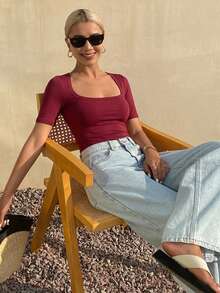DAZY Women's Summer Square Neck Fitted Ribbed Casual Short Sleeve T-Shirt - Burgundy - View 3