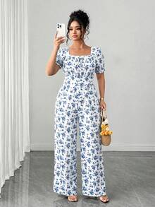 GlowEve CURVE Damen Große Größen Blümchen Taille Raffung Puffärmel Lang Jumpsuit - Weiss - Übersicht 5