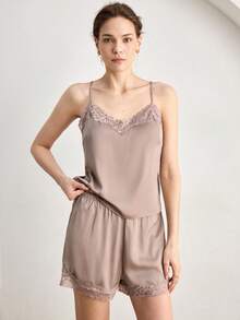 Ocili 2pcs Comfortable Minimalist Satin Lace V-Neck Camisole And Pants Pajama Set For Women - Khaki - View 7