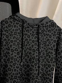 Resyla Women's Fleece Hooded Dress With Drawstring And Leopard Long Sleeve Sweathirt Graphic Outfit - Multicolor - View 5