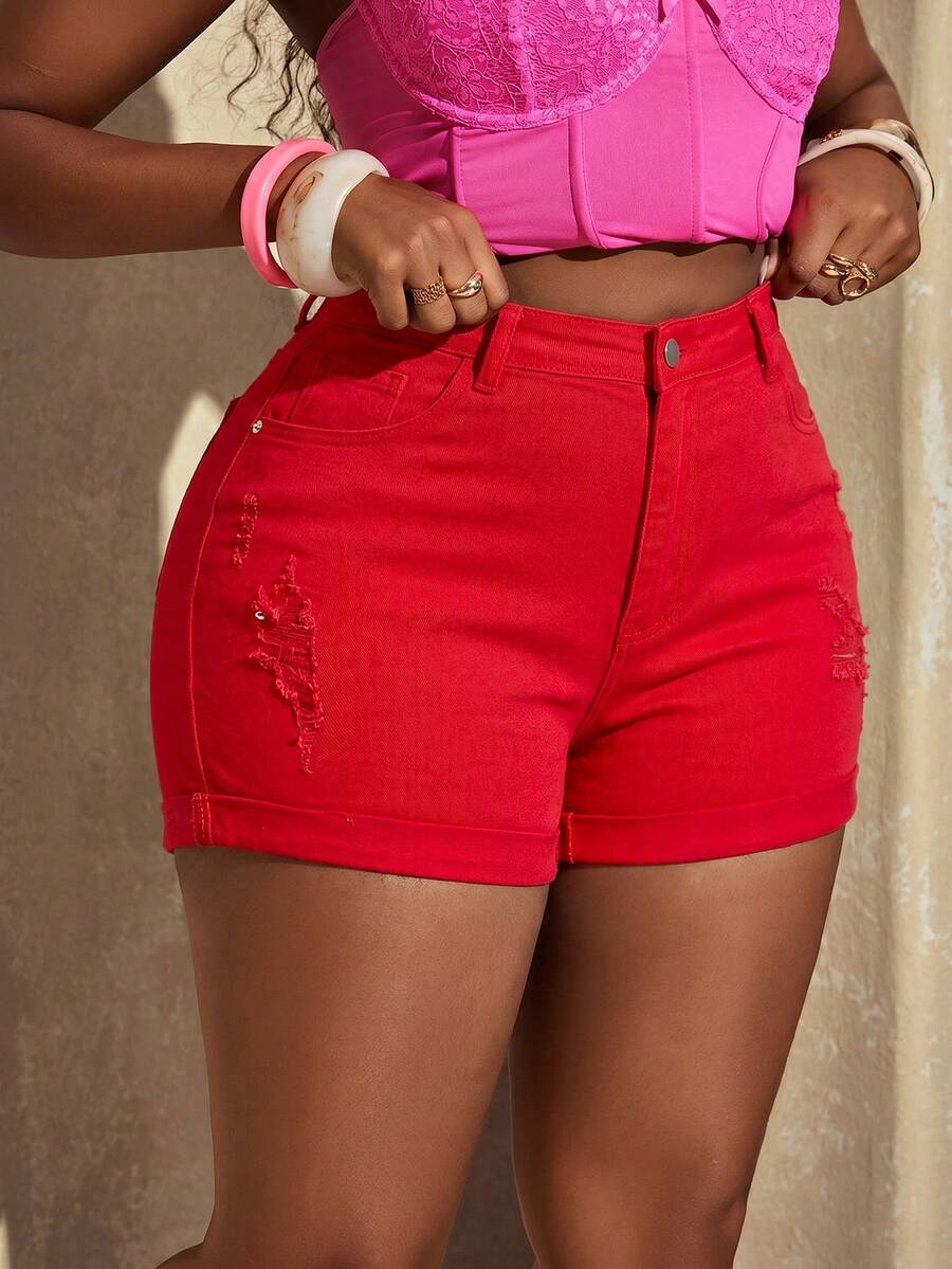 SHEIN SXY Plus Size Solid Color Distressed Skinny Side Pocket Casual Denim Shorts - Red - View 1