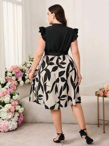 SHEIN Clasi Plus Graphic Print Notched Neckline Ruffle Trim Belted Dress - Apricot - View 2