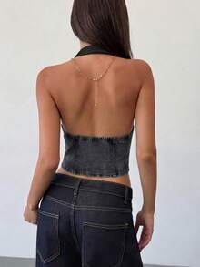 Aloruh Women's Black Lace Patchwork Halter Denim Corset Top,Seksi Chic V-Neck Hook-And-Eye Crop Top,Y2K Summer Vintage Club Tops - Black - View 3