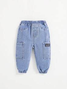 SHEIN Baby Boys' Casual Denim Jogger Pants With Elastic Cuffs - Light Wash - View 3