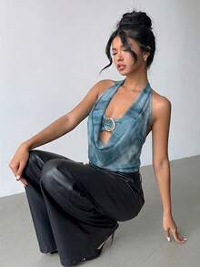 Aloruh 女款春夏新款紮染印花波希米亞風垂領 2 合 1 綁帶上衣，音樂節夏季上衣 - 水鴨藍 - 查看 6