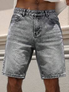 EGENSIO Quần short denim màu xám đậm in họa tiết da báo và râu ngựa dành cho nam, phong cách đường phố thường ngày. - Màu xám đen - Xem 6