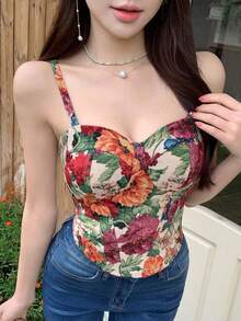 Top de Camisola Estilo Pintura al Óleo Vintage para Mujeres, Top Corto Ajustado Sexy para Verano Camiseta Gráfica Y2K - Rojo - Ver 4