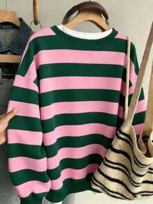 Franclia Áo sweatshirt nữ cỡ lớn dáng rộng kẻ sọc xanh hồng cổ tròn, thích hợp cho dịp Giáng sinh. - Nhiều màu - Xem 9