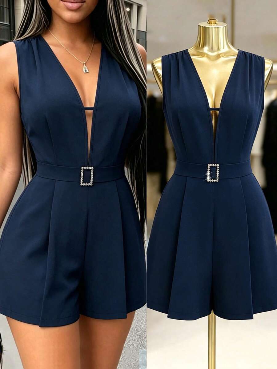 Elenzga Bộ jumpsuit đen thanh lịch, gợi cảm, hở lưng, cổ chữ V sâu, cạp cao, ôm sát, thích hợp cho tiệc tối và hẹn hò. - Màu xanh hải quân - Xem 1