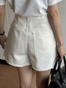 DAZY Women's Casual Everyday Commute Simple Solid Color Loose Denim Shorts, Belt Not Included Summer Petite - White - View 4