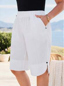 Rosumi Plus Size Women Solid Color Elastic Waist Pocket Casual Versatile Daily Wear Shorts - White - View 6