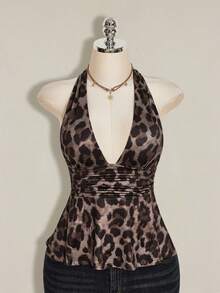 SHEIN ICON Women's Leopard Print Halter Backless Tight Crop Top, Summer Streetwear,Summer Top - Multicolor - View 12