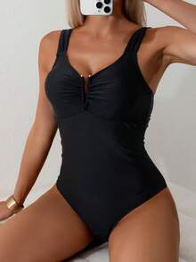Swim Basics Áo tắm một mảnh màu trơn gợi cảm, ôm sát, buộc dây cổ, bán chạy nhất dành cho nữ, thích hợp đi biển, nghỉ dưỡng, thanh lịch, ngày Valentine. - màu đen - Xem 3